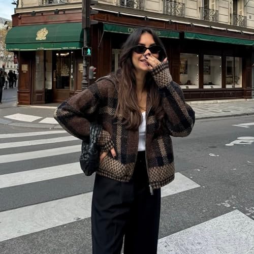 Chevara Women’s Checkered Cardigan Sweater Vintage Lapel Collar Long Sleeve Zip Up Knit Sweatshirt Jacket3