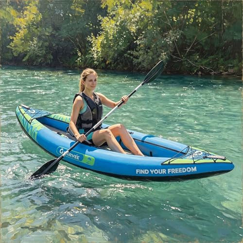 Single Person Drop Stitch Inflatable Kayak, 450 LBS Capacity Portable Blow Up Solo Kayak for Adult Fishing & Touring, Complete Set with Adjustable Paddle, Detachable Seat, Dual-Action Pump