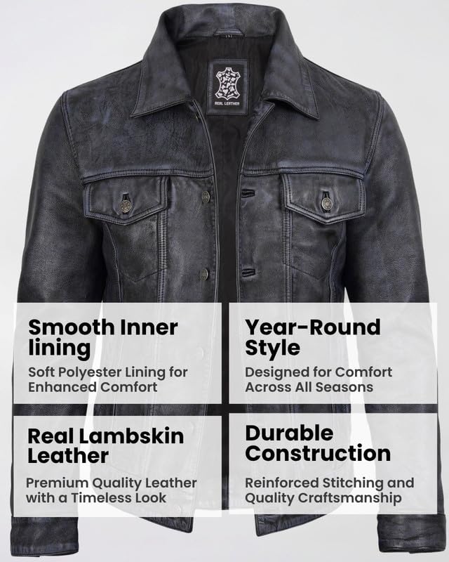 Image of Blingsoul Men's Leather Jacket - Real Full-Grain Lambskin Trucker Jacket for Men