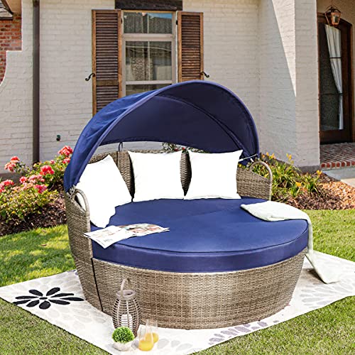 PatioFestival Patio Furniture Outdoor Daybed with Retractable Canopy 3 Pieces Round Daybed Sectional Sofa Bed Wicker Patio Conversation Set with 4\" Cushion, All Weather Frame for Backyard,Pool