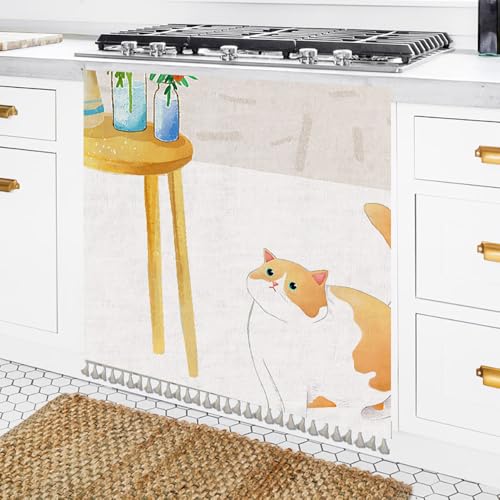Odot Cortinas Cocina Cortas, Animales Lindos Gabinete de Zapatos y Debajo del Fregadero Cortina Cocina, Moderno No Poroso Sombreado Cortina Cocina Puerta (Gato Naranja 2,Ancho 90cm x Alto 120cm)