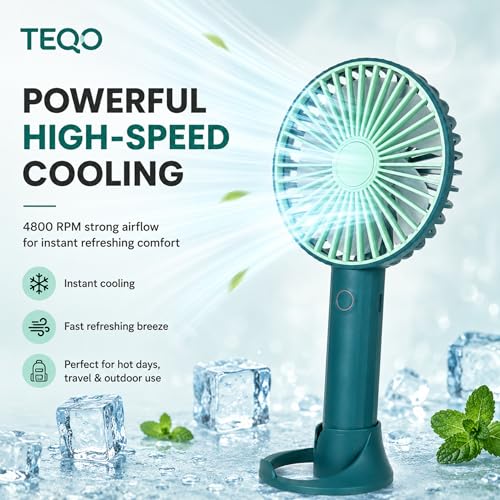 Image of TEQO Rechargeable Hand Fan 4800 RPM High Speed | 1200mAh Battery, Up to 6 Hours Runtime | Portable USB Fan with Mobile Stand & RGB Light | 3 Speed Personal Mini Fan for Travel, Makeup (Green)