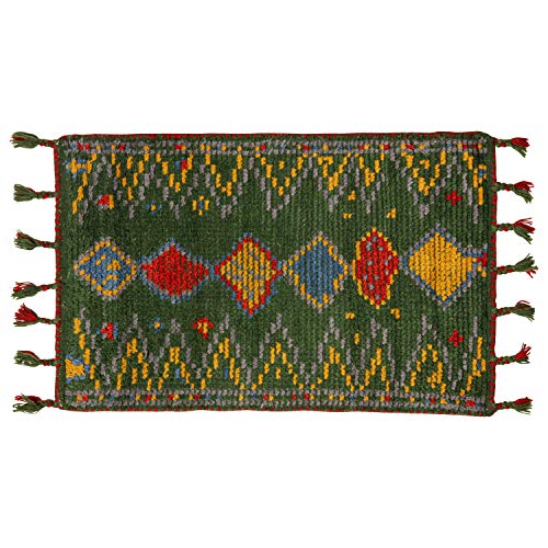 萩原 玄関マット 屋内 グリーン 約45×75cm 「クームース カーナ」 ウール100% 羊毛 手織り ノルディック エスニック