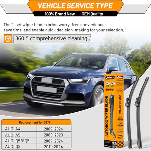 Image of OEM Windshield Wiper Blades Replacement for Audi A4 Q5 Q3 A5 S5 Allroad | Fits A4 Q5 2009-2024 S4 SQ5, 2011-2024 Q3, 08-23 A5, S5, RS5; 24 inch+20 inch front, 2-pack, Top Lock 16mm, OE fit, quiet