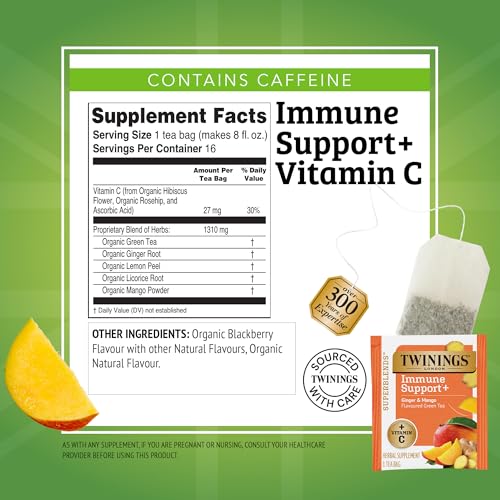 Image of Twinings Superblends Immune Support+ Herbal Tea with Vitamin C, Ginger & Mango Flavoured Green Tea, 16 Tea Bags (Pack of 2), Enjoy Hot or Iced