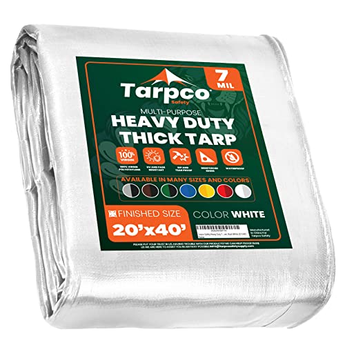 Image of Heavy Duty 7 Mil Tarp Cover, Waterproof, UV Resistant, Rip and Tear Proof, Poly Tarpaulin with Reinforced Edges for Roof, Camping, Patio, Pool Cover, Boat (White 20′ X 40′)