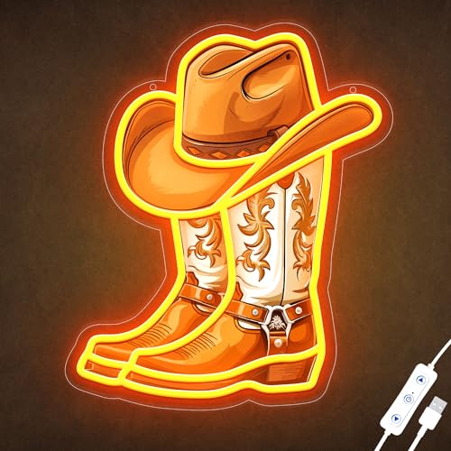Image of Cowboy Boot with Hat Neon Signs for Wall Decor, Western Cowboy LED Sign Light Up, Dimmable Neon Light for Game Room Man Cave Bedroom Bar Party Birthday Gifts