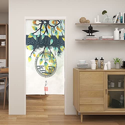Ligicky Chinese Style Japanese Noren Doorway Curtain Traditional Round Windows Leaves Printed Asian Window Treatment Hanging Door Tapestry For Privacy Sushi Kitchen Home Decor 33.5" Width X 59" Long #TOP2