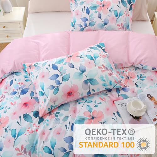 MUXHOMO Duvet Cover Queen Size, Reversible Floral Vintage Duvet Cover Set with Zipper Closure, 3 Pieces Botanical Patterns Soft Microfiber Bedding Set (90"x90", 2 Pillow Cases, Pink Blue Branch)