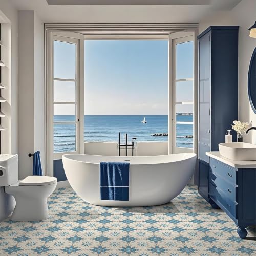 Image of Moroccan Tile Stickers | Waterproof Self Adhesive Peel & Stick Tile Decals for Kitchen Backsplash, Bathroom Wall, Floor, Furniture & Glass (8x8 Inch, Design 58)