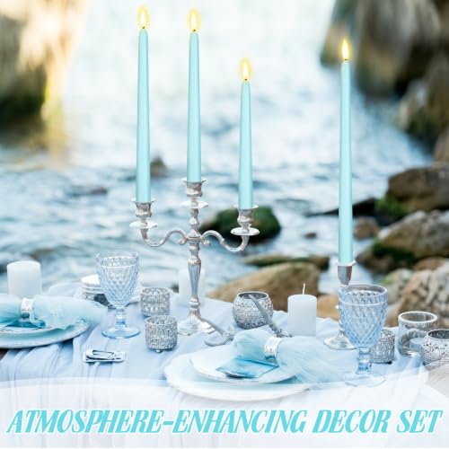 Image of Rossesay 16 Pcs Teal Flameless Taper Candles Battery Operated Candles with Remote Timer 8.5 inch 9.6 inch 10.8 inch 12.8 inch LED Flameless Flickering Candlestick for Summer Halloween Christmas Wedding Party Decor