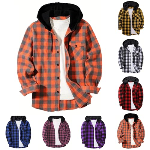 Hooded Flannel Shirt for Men Casual Button Down Plaid Shirt Jaket Fashion Cotton Long Sleeve Hoodie with Pocket
