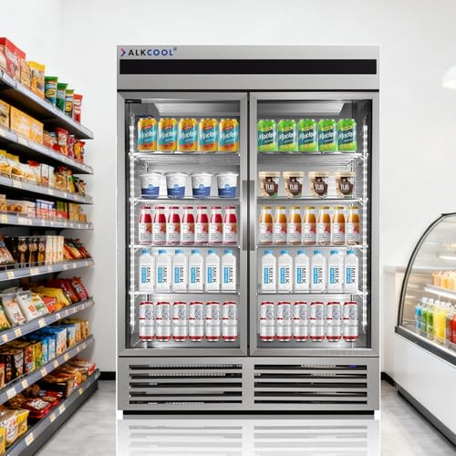 Image of Commercial Stainless Steel Beverage Refrigerator Display Fridge,Two Glass DoorMerchandiser Drink Cooler with LED Light Adjustable Shelves,46 Cu Ft, ETL Sanitation,(Wheels Not Included)