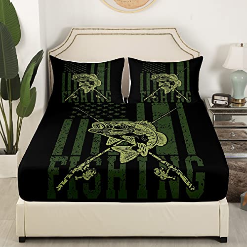 Camo American Flag Sheet Set Trout Hunting Bedding Sets Fishing Rod Camouflage Bed Sheets For Kids Boys Men Room Decor Army Military Camo Fitted Sheet With Deep Pocket 1 Pillow Case Twin Size #TOP3
