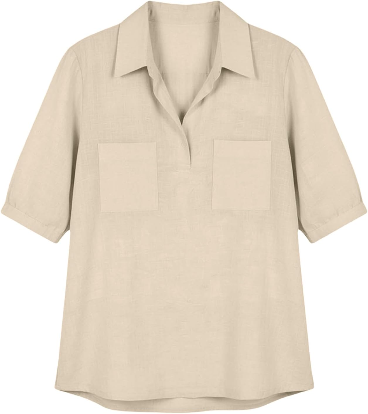 Cotton Linen Tops for Women Summer Loose Fit Shirt Button V Neck Half Sleeve Blouses Dressy Business Casual Clothes