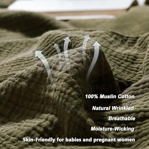 Image of VM VOUGEMARKET 100% Cotton Muslin Duvet Cover King Size 3-Layer Guaze Textured Bedding Set,Ultra Soft Breathable Textured Linen Like Comforter Cover with Zipper&Ties-Olive Green