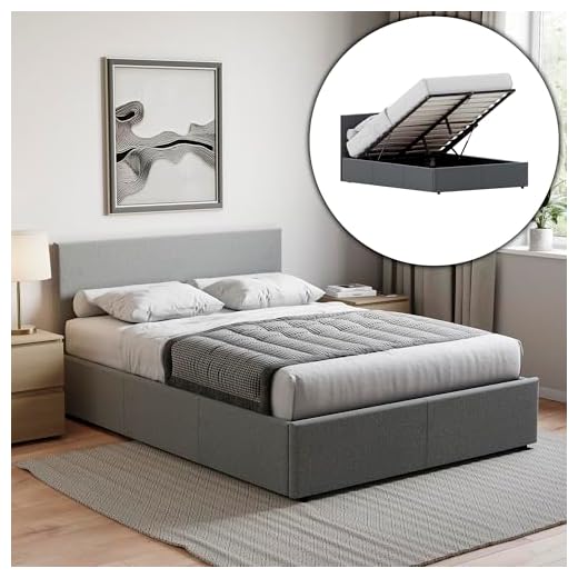 Vida Designs Veronica Double Ottoman Bed, 4 ft 6 Bed Frame Storage Lift Upholstered Fabric Headboard Bedroom Furniture, Light Grey Linen