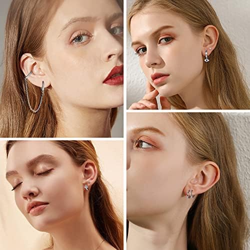 YADOCA 12 Pairs Dangle Hoop Earring Small Huggies Hoop Earrings for Women Girls Stainless Steel CZ Pearl Ball Tiny Stud Earring Evil Eye Bar Chain Hoop Earring Set for Women