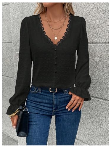 WDIRARA Women's Swiss Dots Lace Trim Blouse V Neck Long Sleeve Top4