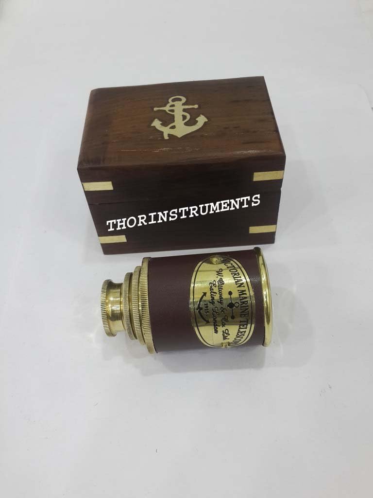 6" Nautical Brass Folding Brass Victorian Marine Telescope Pirate Spyglass W/Wooden Box Rustic Vintage Home Decor Gifts