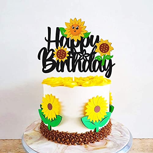 Sunflower Cake Topper Happy Birthday Sign Cake Decorations For Kids Girl Boy Sunflower Themed First Second Birthday Party Supplies Gold Glitter Décor #TOP4