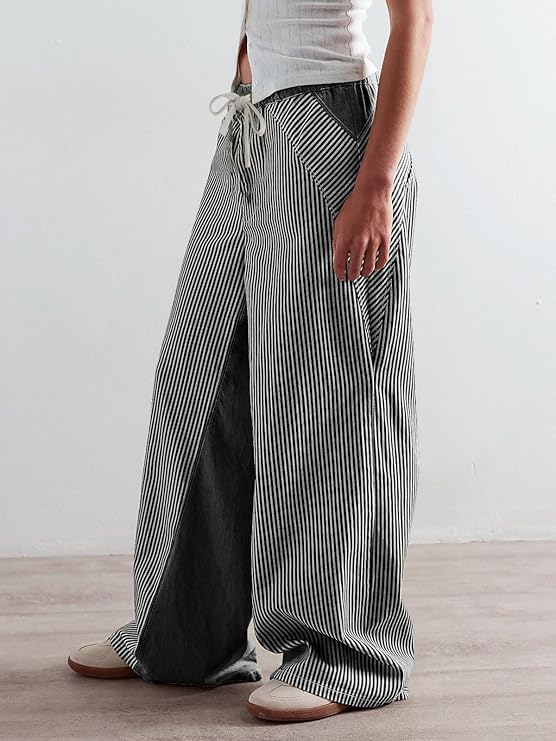 Women Drawstring Striped Pants Loose Wide Leg Casual Lounge Cropped Denim Pants Y2K Low Rise Baggy Barrel Jeans with Pockets4