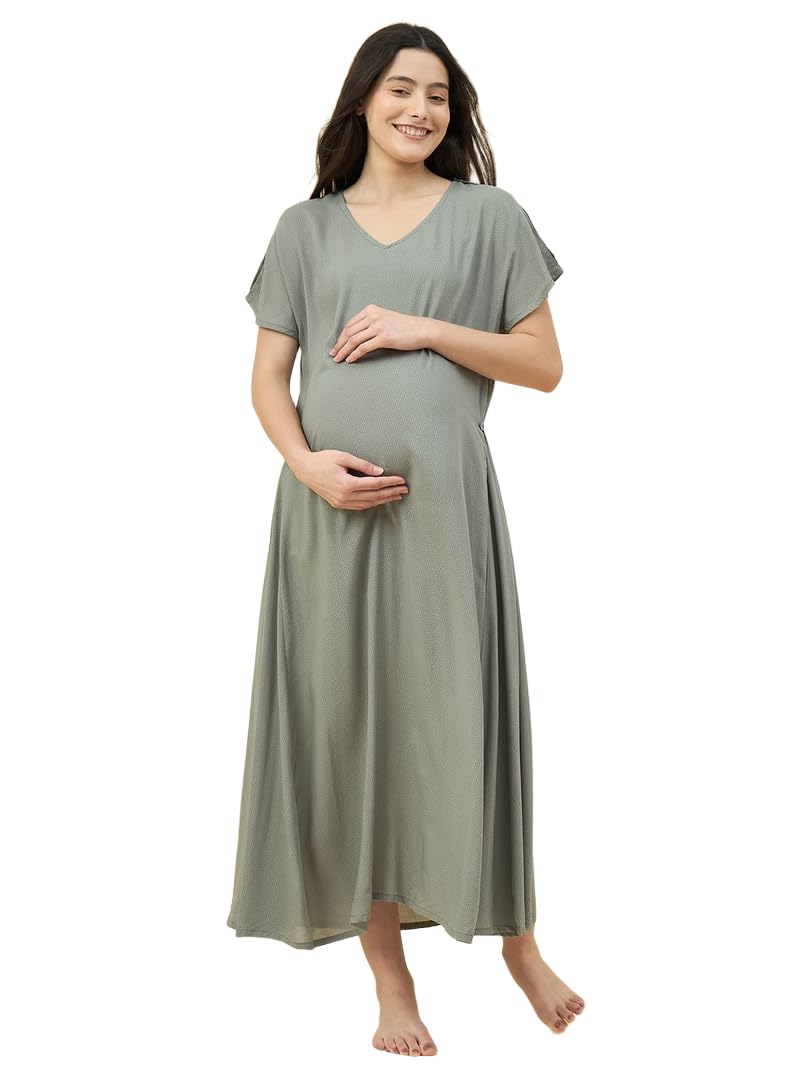 Maternity Nightdress - Solid Sage Green Long Nighty-image-34