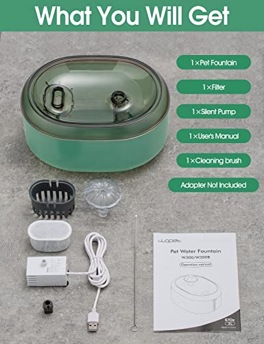 WOPET Cat Water Fountain, 67oz/2L Automatic Cat Water Dispenser Pet Water Fountain, W300 Silent Pet Waterfall Drinking Fountain with 1 Replacement Filter for Cats, Dogs, Small Pet Without Light, Green