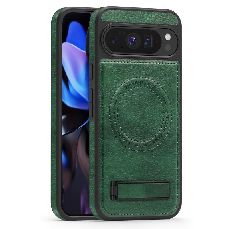 Étui pour Google Pixel 9A vert foncé en cuir à rabat avec support silicone