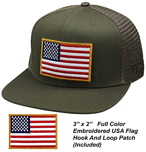 Image of Antourage American Flag Unisex Baseball Hat for Men and Women | USA Flag Mesh Snapback Flat Visor Cap + 2 Patriotic Patches