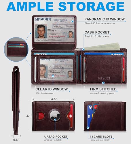 Image of miyozi AirTag Wallet for Men, Slim Leather Bifold with Holder Slot, 2 ID Windows & 13 Card Slots, RFID Blocking Front Pocket Wallet with Gift Box