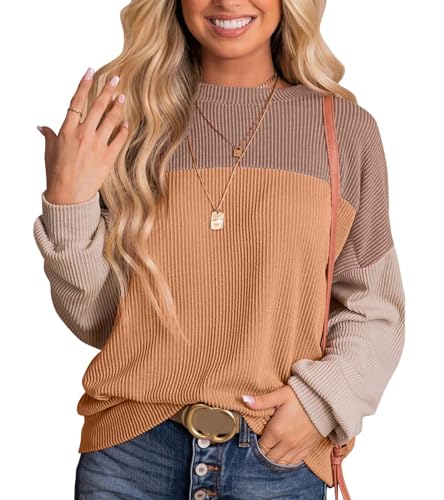 Womens Fashion 2024 Fall Long Sleeve Color Block Crewneck Knitted Ribbed Tops Casual Comfy Loose Blouse Pullover