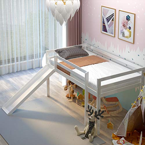 Costzon Twin Loft Bunk Bed, Solid Wood Kids Bed w/Slide,