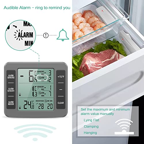 Oria Refrigerator Thermometer, (New Version) Wireless Digital Freezer Thermometer, Fridge Thermometer, Wireless Indoor Outdoor Thermometer For Freezer, Refrigerator, Cooler, Grey, 2 Sensors #TOP2