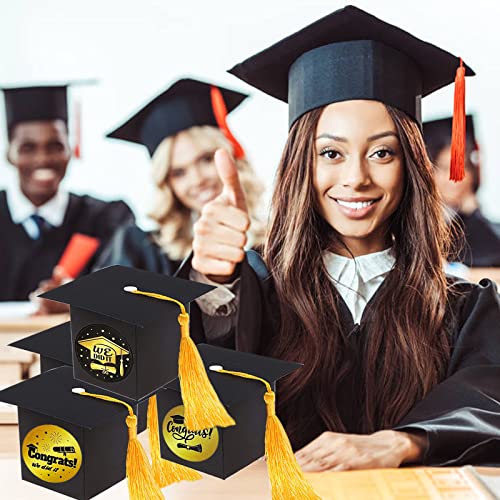 Image of BESSEEK 30Pcs Graduation Cap Gift Boxes, Black Graduation Cap Shaped Candy Boxes with Yellow Tassel, Graduation Decorations for Graduation Ceremony Party