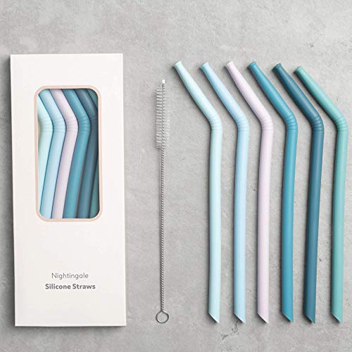 Image of Nightingale Reusable Silicone Straws - Bendy Drinking Straw with Cleaning Brush - Collapsible and Bendable Travel Straw for Kids - Dishwasher Safe, Food-Safe - Set of 6 (Marine Multi)