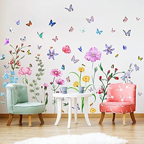 Colorful Flower Wall Stickers with Butterfly and Bee 58 Pcs Removable Flower Wall Decals DIY Peel and Stick Art Wall Decor Mural for Nursery Baby Kids Bedroom Living Room Kitchen Home Decoration Cover
