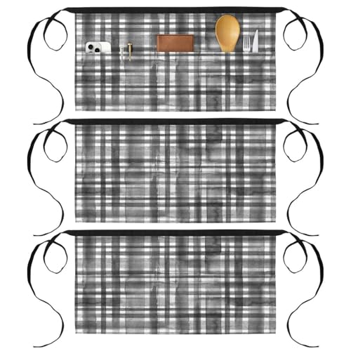 Tablier court de chef lot de 3 à motif écossais multicolore doté de poches de rangement amples