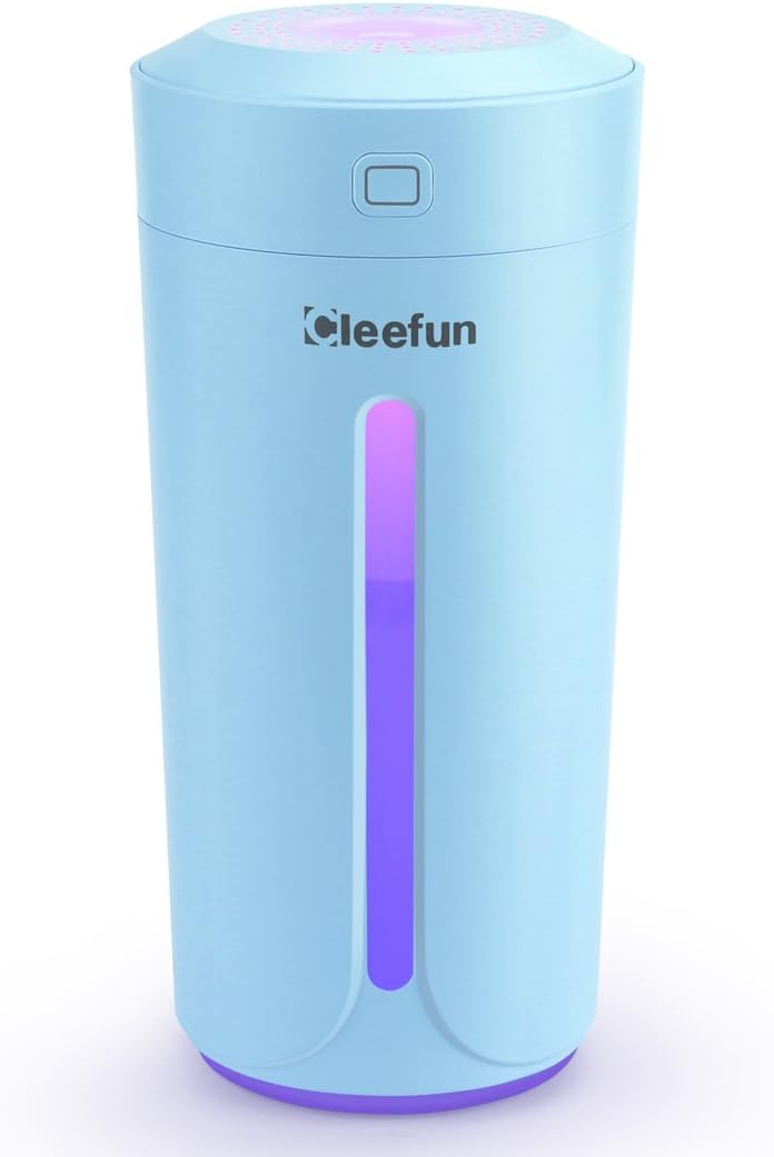 CLEEFUN Cool Mist Humidifier, Ultrasonic USB Portable Mini Quiet Air Humidifiers for Office Desk Car Travel Hotel Bedroom,230ML Desktop Cup Humidifier with 7 Colors LED Night Lights (Blue)