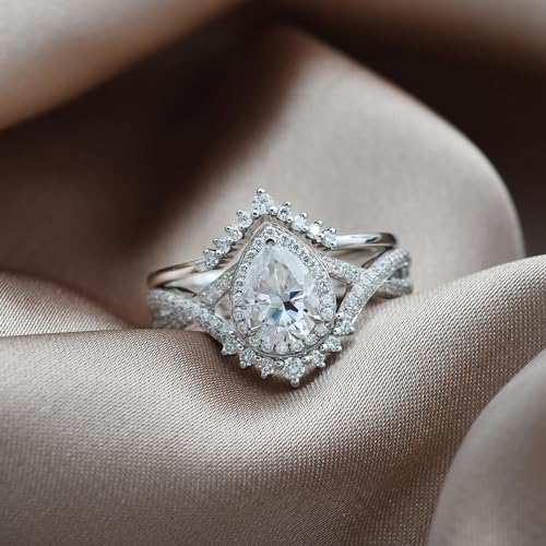 Lab-Grown Diamond Moissanite Engagement Rings for Women 1/1.5/2/3 Carat Pear Cut Gemstone Promise Ring Vintage Wedding Ring Set2