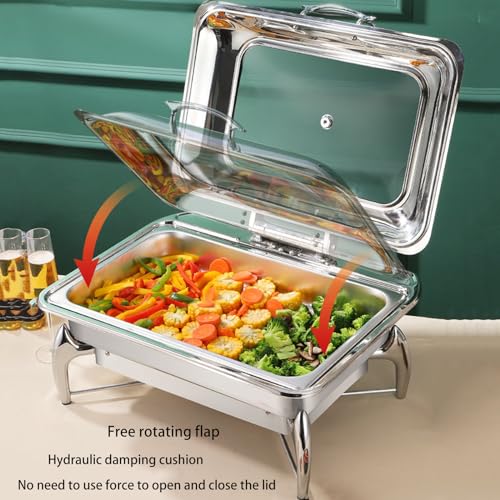 Servidor De Buffet De Acero Inoxidable 10L - Juego De Platos Rectangulares con Tapa De Vidrio, Bandeja De Agua Y Soporte De Combustible para Bodas, Banquetes, Fiestas