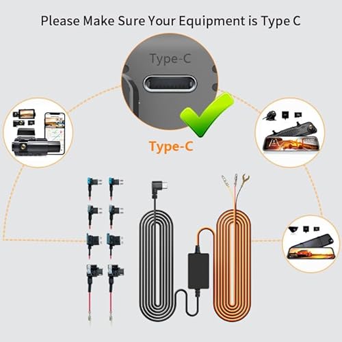 WOLFBOX Typ-C Hardwire Kit für G840S/G930/G840H/G850/G900/G850 PRO/I07/I17/X3/X5 Spiegel-Armaturenbrettkamera, Parkmonitor mit Mehreren Anschlüssen in verschiedenen Größen