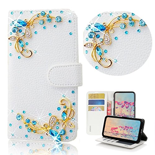 STENES Bling Case Compatible with Galaxy A10 - STYLISH - 3D Handmade Crystal Pretty Butterfly Design Magnetic Wallet Leather Cover Compatible with Samsung Galaxy M10 / Samsung Galaxy A10 - Blue
