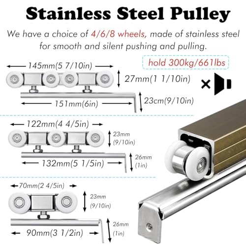 Kit de Riel para Puerta Corrediza Plata, 3.9 ft (120m) con 6 Ruedas, Hardware para Puerta Exterior de Granero, Riel de Aluminio para Puerta de Bolsillo miniatura 3
