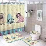 Brebasf Funny Cute Pug Dog Paw 4 Pcs Shower Curtain Bathroom Set Cartoon Puppy Pet Animal Bulldog Tie Dye Shower Mat Shower Curtain with Rug 12 Hooks,72' W x 72' L