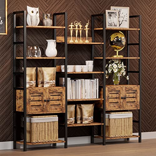 IRONCK Industrial Bookshelf and Bookcase with 2 Louvered Doors 5 Tiers Triple Wide Display Shelf with Storage Cabinet for Living Room Home Office - Image 5