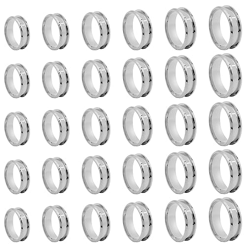 30PCS 6 Sizes Stainless Steel Blank Finger Ring 8mm Wide Round Grooved Inlay Ring Size 7/8/9/10/11/12 Core Finger Ring Blanks Round Empty Ring for Inlay Ring Jewelry Wedding Band Making(Silver)