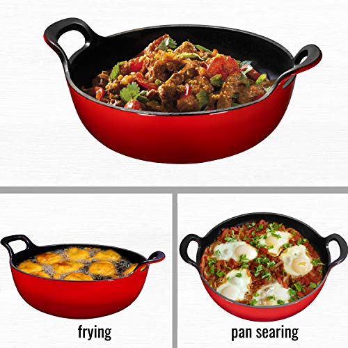 Enameled Cast Iron Balti Dish With Wide Loop Handles, 5 Quart, Fire Red - Thumbnail 2