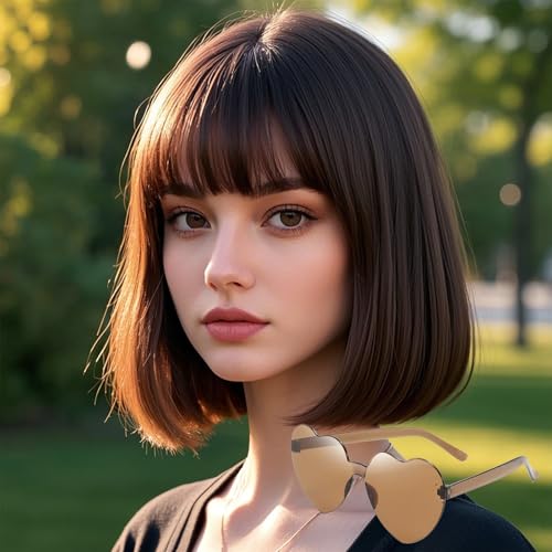 PHOENIXFLY Short Brown Bob Wig With Bangs -12 Inch Natural Fashion Bob Wigs for Women, Cute Colored Synthetic Wig for Daily Party Halloween (Brown, 12 Inch)