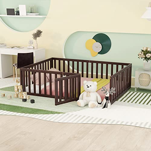 Image of Bellemave Floor Bed for Kids, Full Size Montessori Floor Bed Frame with Fence Railings for Children, Wooden Playhouse Beds for Boys Girls, Walnut